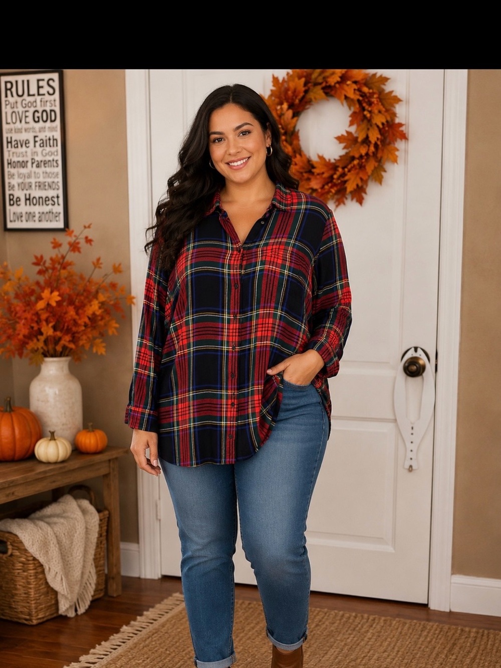 Old Navy Red and Navy Plaid Button-Down Shirt